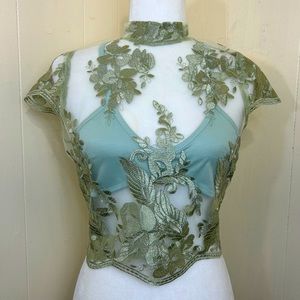 A’GACI Prom Party Green Aqua Short Sleeve Embroidered Crop Top Size Medium.